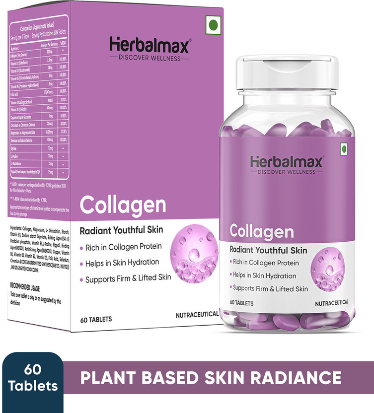Herbal max Collagen For Radiant & Youthful Skin, Hair, Joints & Nails | Plant Based, 800mg(60 Tablets)
