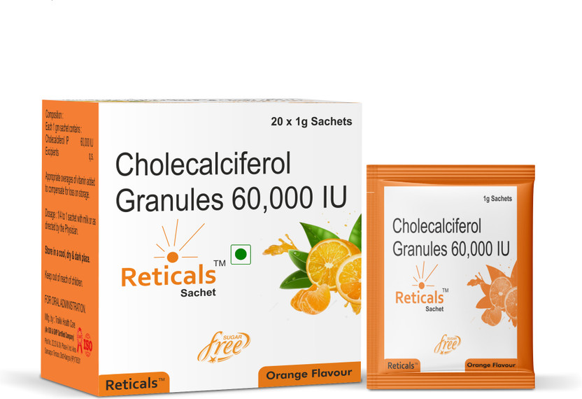 Reticals Cholecalciferol Vitamin D3 Granules, For Strong Bones and Muscles, 20 Sachet(20 x 1 mg)