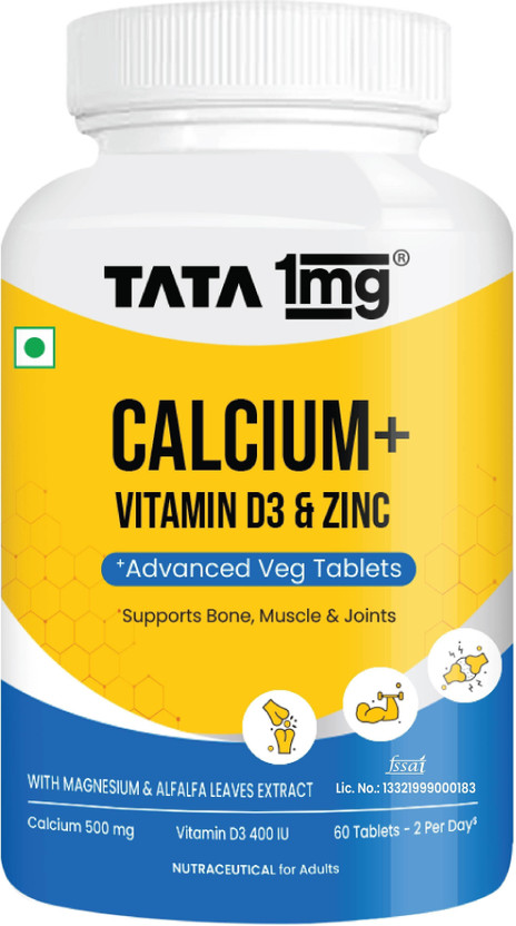 TATA 1mg Calcium & Vitamin D3 supplement with Zinc, Magnesium & Alfalfa(60 Tablets)