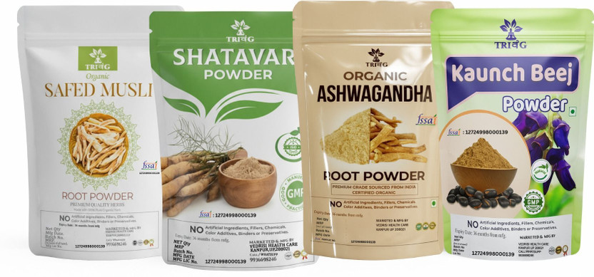 Trivang Ashwagandha, Safed White Musli, Kaunch Seed, Shatavari Powder (4 x 50 g) Combo(4 x 50 g)
