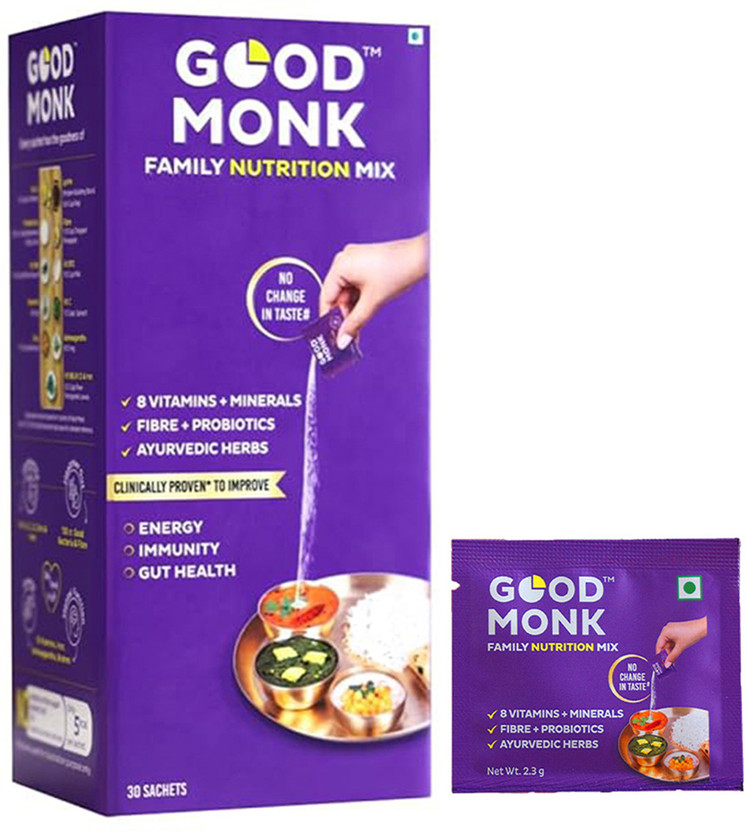 Good Monk Family Nutrition Mix|Energy & Immunity|Multivitamin (B12, C, D, Zinc)&Probiotic(30 No)