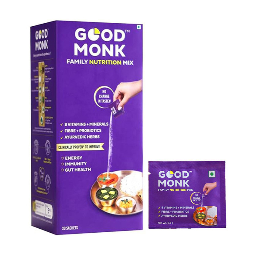 Good Monk Family Nutrition Mix|Energy & Immunity|Multivitamin (B12, C, D, Zinc)&Probiotic(30 No)