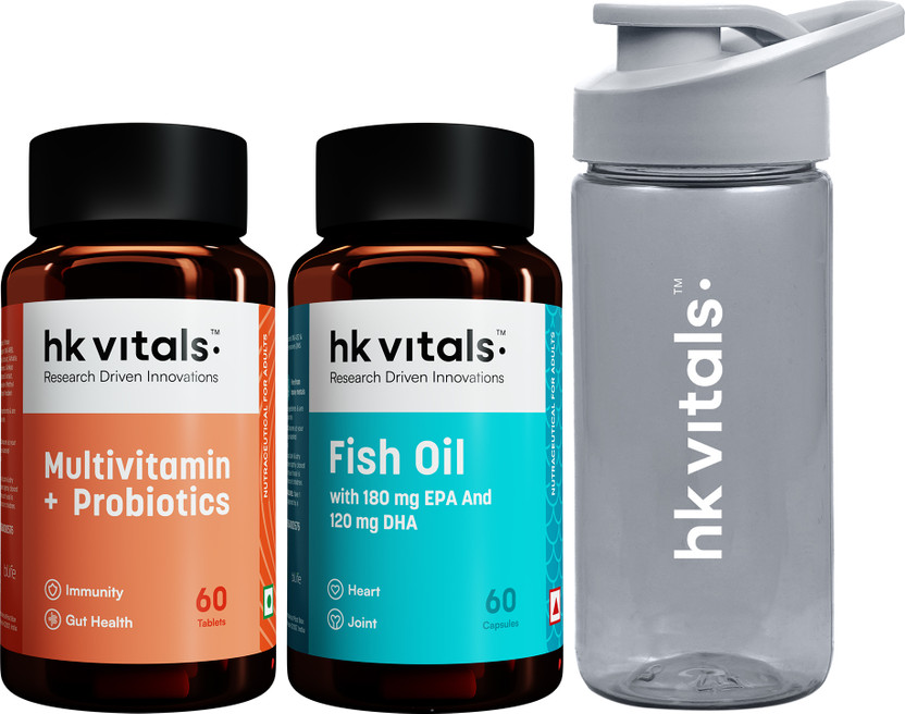 hk hk vitals Fish Oil & Multivitamin+ Probiotics + Sipper | 1000mg Omega 3 with 180mg EPA(2 x 60 Tablets) - Flipkart Deal