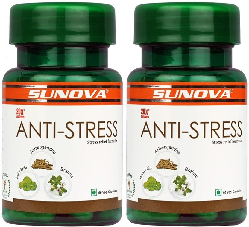 SUNOVA Anti-Stress Capsules – Herbal Stress Relief Formula ,60 Veg Capsules x Pack of 2(2 x 60 Capsules)