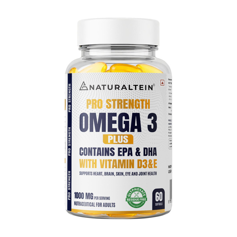 NATURALTEIN Omega 3 Pro Plus Fish Oil| 1000mg with EPA 180mg DHA 120mg Vitamin D3 & E(60 Capsules)