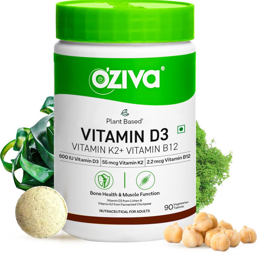 OZiva Vitamin D3, K2(MK7) & B12 | Enhanced Bone & for Muscle Growth & Recovery(90 Capsules)