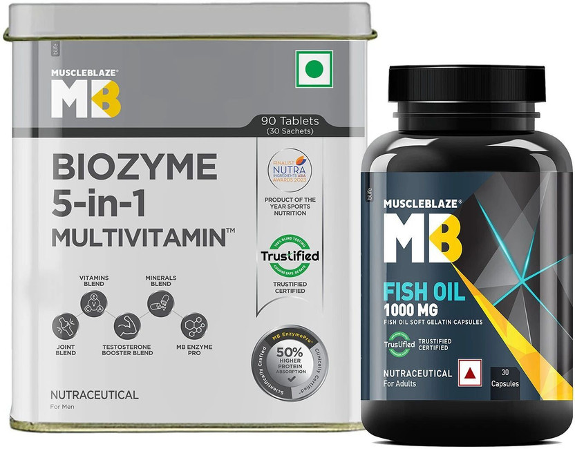 MUSCLEBLAZE MUSCLEBLAZE Biozyme Daily Multivitamin, 90 Tablets with Omega 3 Fish Oil 1000mg, 30 Capsules(2 x 60 Tablets) - Flipkart Deal
