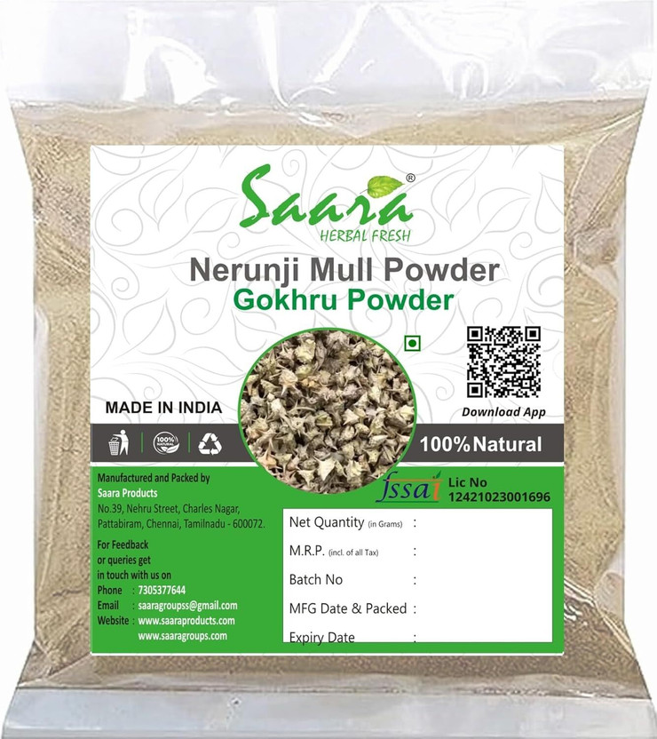SAARA PRODUCTS Nerunji Mull Powder 50g | Gokhru / Gokharu / Gokshura / Nerinjil Powder(50 g)