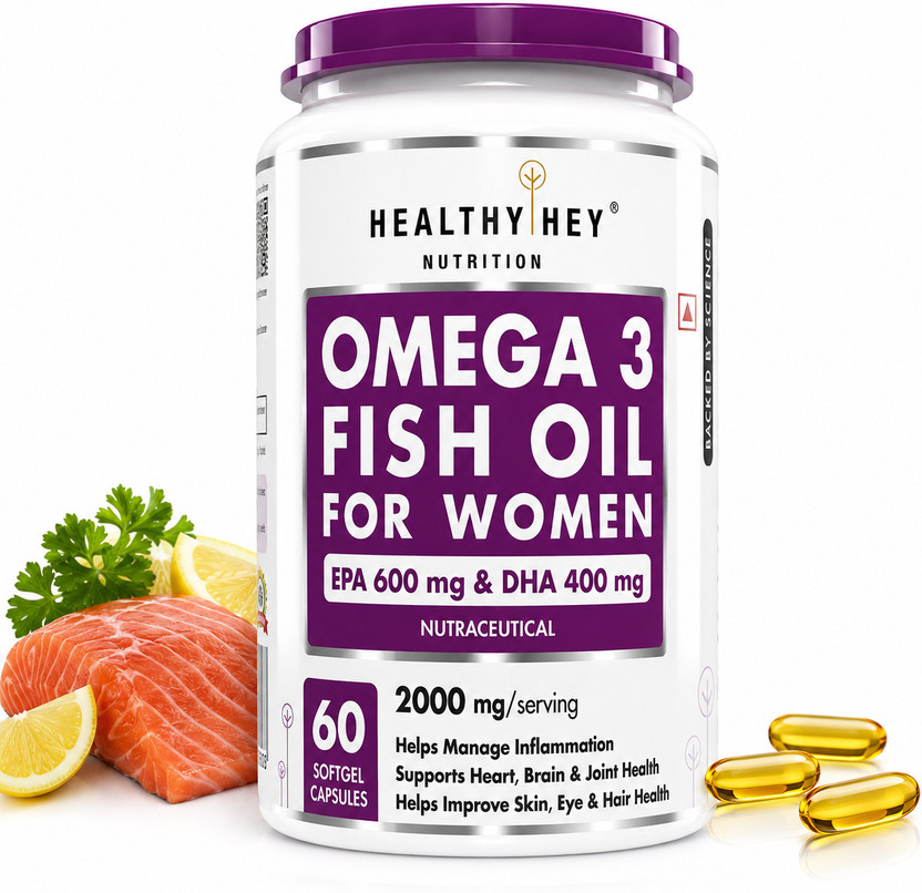HealthyHey Nutrition Omega 3 Fish Oil for Women 600 Softgel Capsules 600 EPA & 400 DHA(60 Capsules)