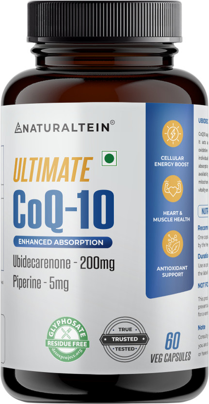 NATURALTEIN Ultimate CoQ10 with Piperine|200mg Coenzyme Q10 for Heart, Brain & Muscle Health(60 Tablets)
