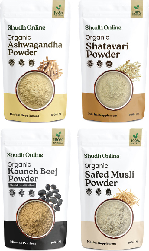 Shudh Online Ashwagandha, Safed White Musli, Kaunch Seed, Shatavari Powder, Testesterone Churna(4 x 100 g)