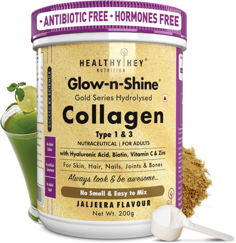 HealthyHey Nutrition Skin Support - Glow-n-Shine|Hydrolysed Collagen Powder for Women & Men -Jaljeera(200 g)