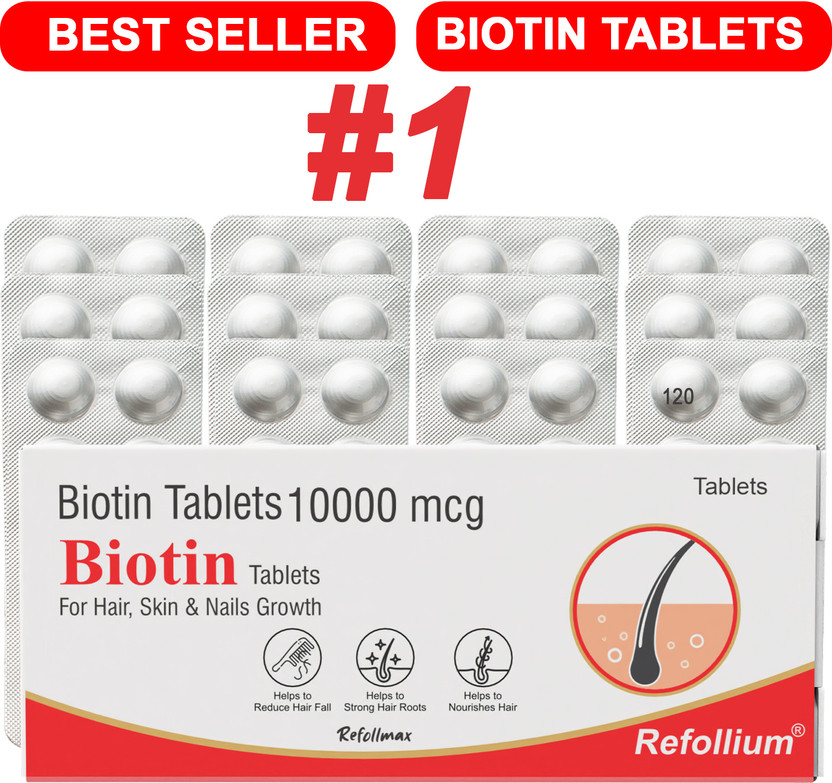 Refollium Biotin 10000 mcg Maximum Strength Hair, Skin and Nails for Men & Women(120 No)