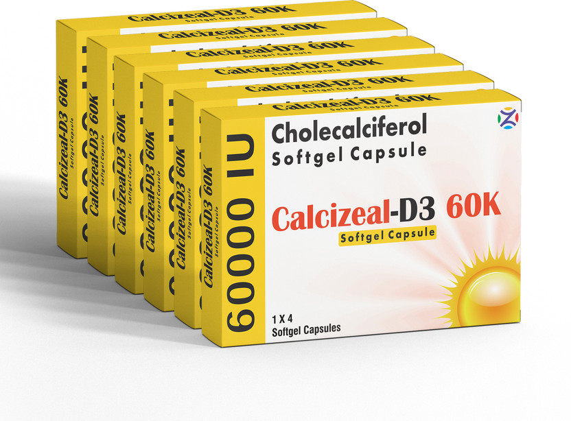 Zeal Pharmacure Cholecalciferol (Vitamin D3) 60K iu Softgel Capsule for Joint & Bone Health(6 x 4 Capsules)