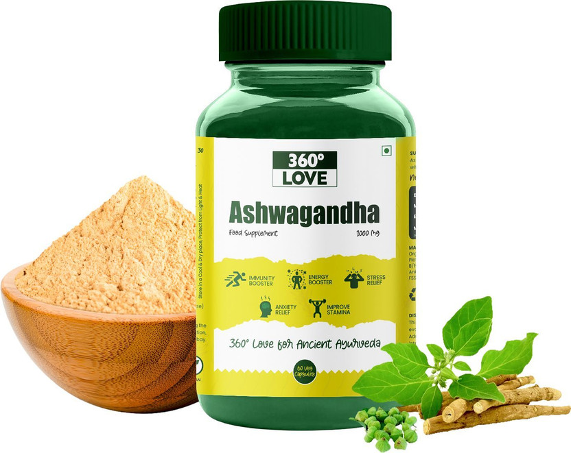 360 LOVE Ashwagandha 1000mg Serve Anxiety & Stress Relief(60 Capsules)