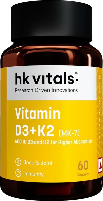 hk vitals Vitamin D3 + K2 (MK-7) (600 IU) | Bone & Joints | Immunity(60 Capsules)