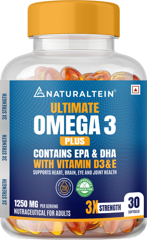 NATURALTEIN Ultimate Omega-3 plus 1250mg |450mg EPA & 300mg DHA with Vitamin D3 and E(30 Capsules)