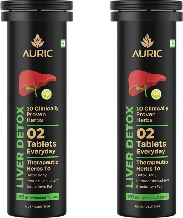 Auric Liver Detox Effervescent Tablets-Drop ,Fizz & Drink with 10 Ayurvedic Herbs(2 x 20 Tablets)