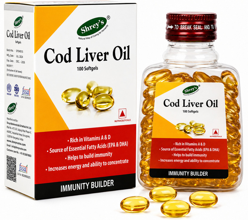 Shrey's Cod Liver Oil, Vitamins A & D - 100 Capsules (Immunity Booster)(100 No)