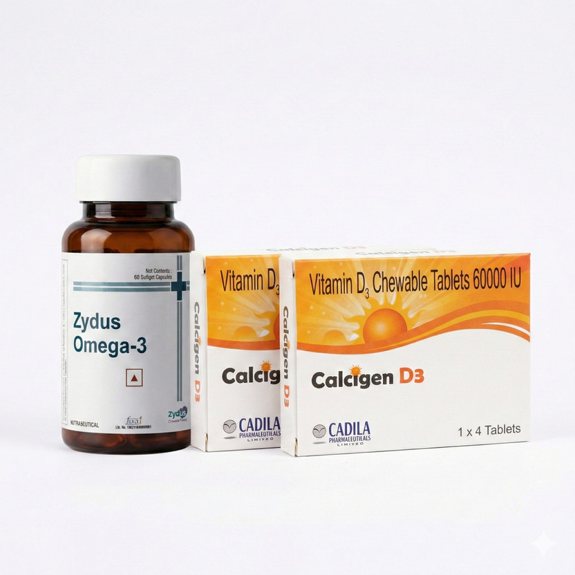 ZYDUS Omega 3 Fish Oil (60 Caps) + Vitamin D3 60k (8 Tabs) Joint Pain Relief Kit(68 x 1 Tablets)