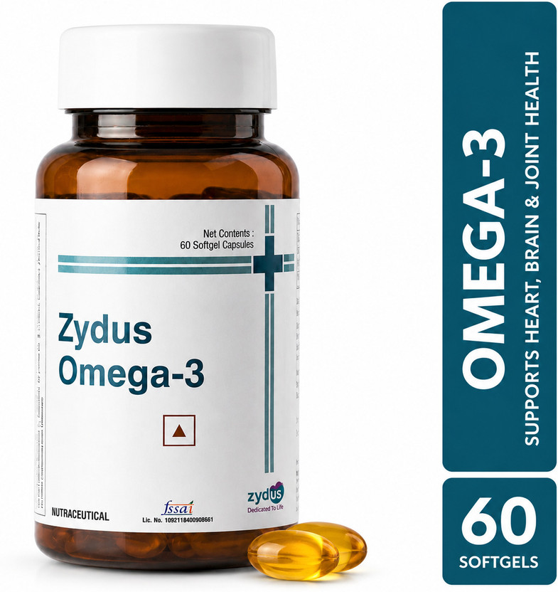 ZYDUS Omega 3 Fish Oil 1000mg | 180mg EPA & 120mg DHA | Heart, Brain, Joint Health(1000 mg)