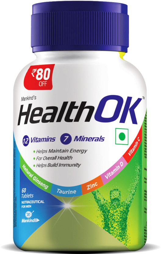 Health Ok Multivitamin with Natural Ginseng and Taurine power | 100% Vegetarian(60 Tablets)