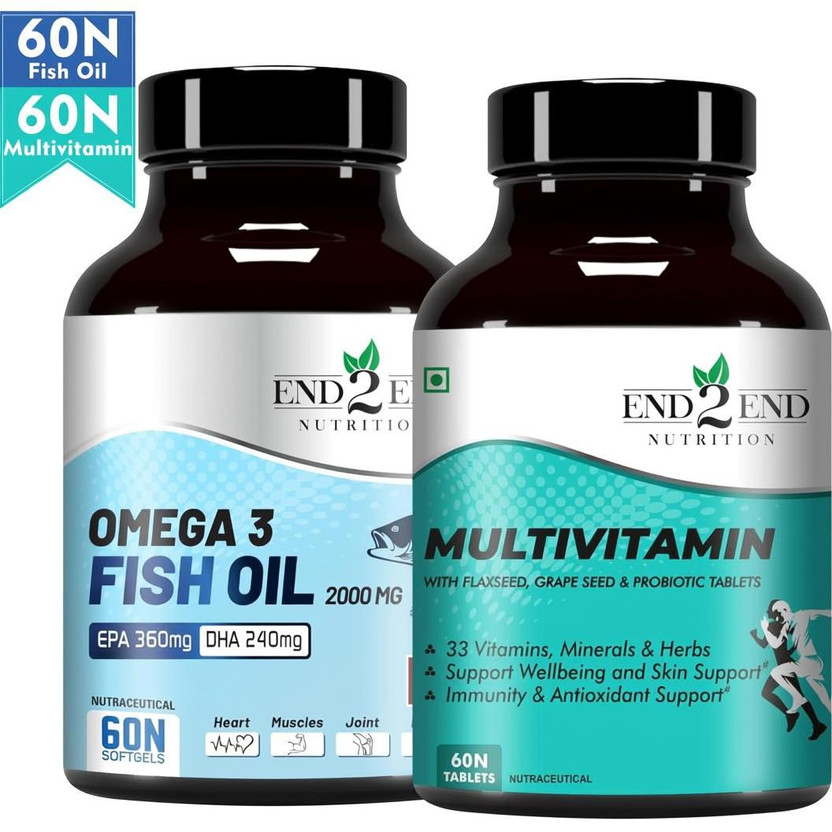 End2End Nutrition Omega 3 Fish Oil Capsules and Multivitamin Tablets Combo for Men and Women(2 x 60 No)