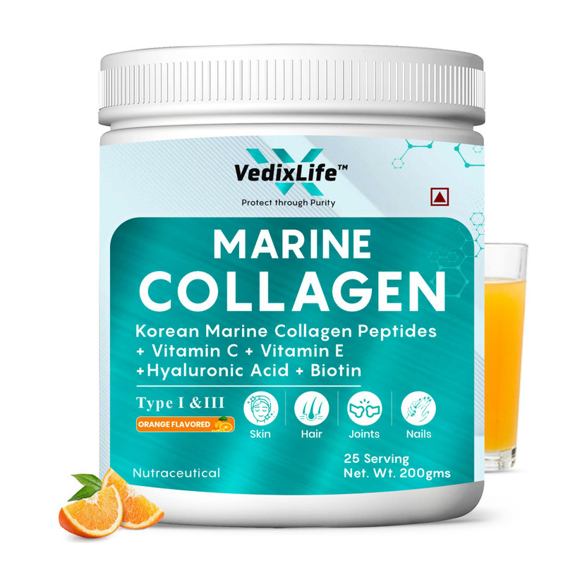 VedixLife Marine Collagen Powder with Vitamin C & E, Bition for Skin Glow & Anti Ageing(200 g)