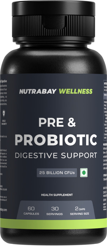 Nutrabay Wellness Pre & Probiotic Digestive Support - 25 Billion CFUs(60 Capsules)