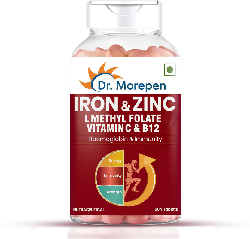 Dr. Morepen Iron & Zinc Tablets With Vitamin C & B12 | Immunity & Hemoglobin Booster(60 Tablets)