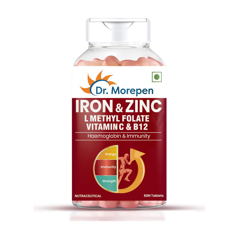 Dr. Morepen Iron & Zinc Tablets With Vitamin C & B12 | Immunity & Hemoglobin Booster(60 Tablets)