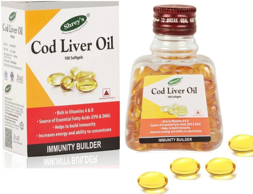 Shrey's Cod Liver Oil, Vitamins A & D - 100 Capsules (Immunity Booster)(100 No)
