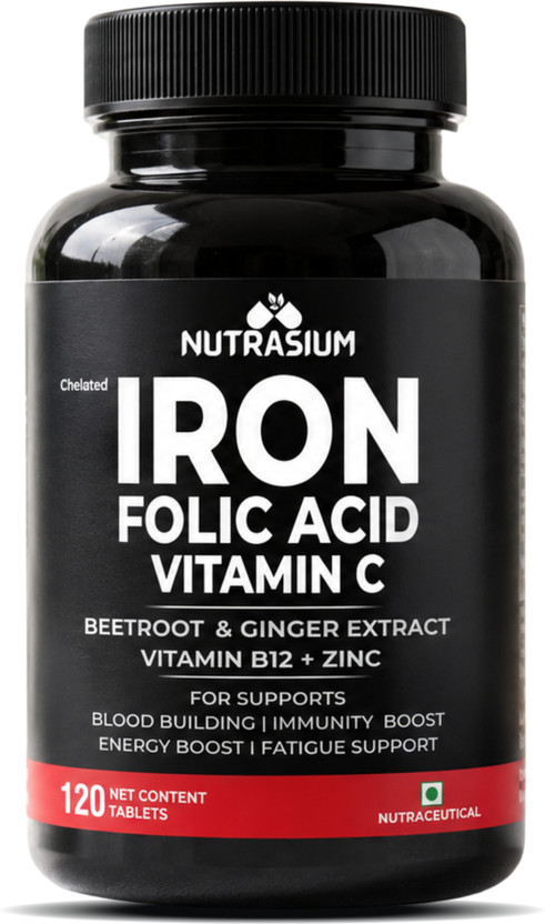NUTRASIUM Chelated Iron Tablets with Folic Acid, Zinc & Vitamin-C | Iron Tablets(120 Tablets)