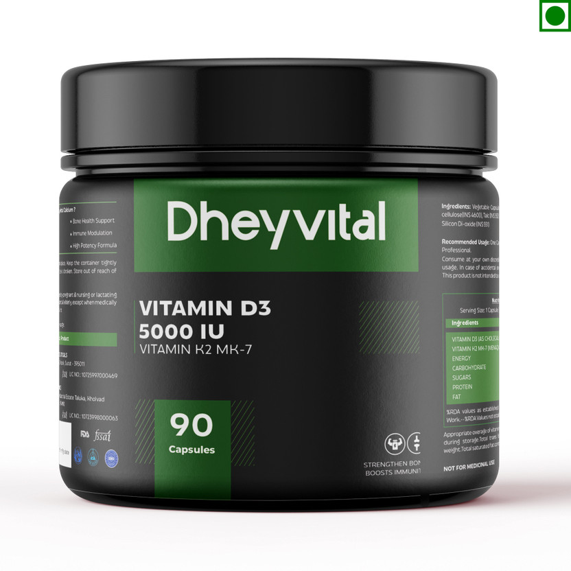 Dheyvital Vitamin D3 5000 IU + K2 MK-7 Capsules for Bone & Heart Health(90 Capsules)