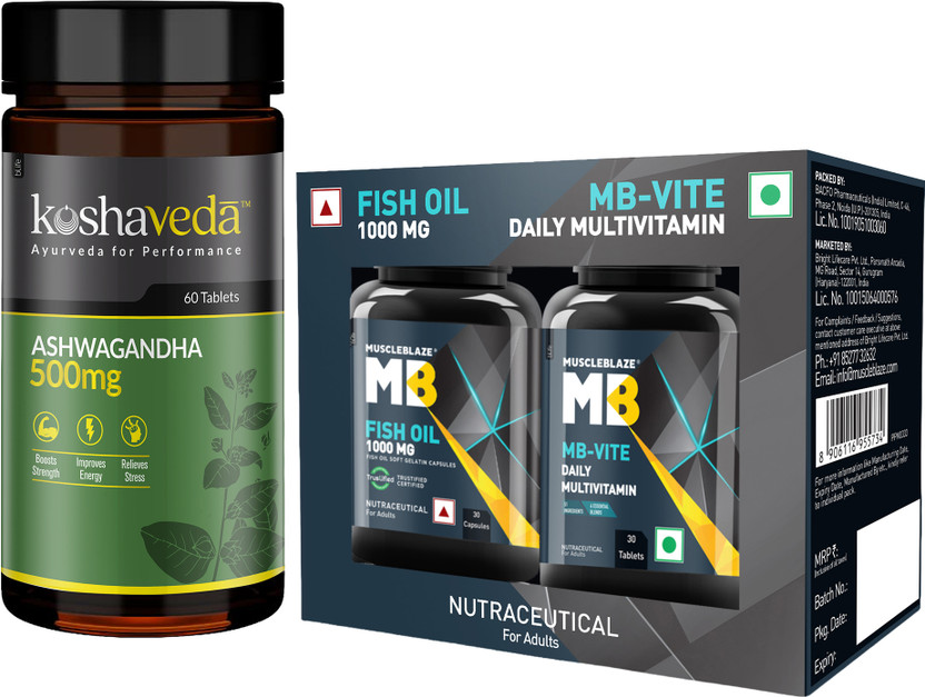 MUSCLEBLAZE Ashwagandha, 60 Tablets, MB-Vite Daily Multivitamin & Fish Oil(3 x 40 Tablets)