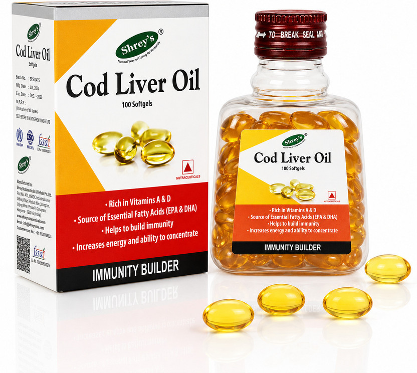 Shrey's Cod Liver Oil, Vitamins A & D - 100 Capsules (Immunity Booster) Supports Heart(100 Capsules)