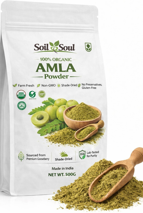 Soil&Soul 100% Organic Amla Powder 500g - Shade-Dried for Hair|Skin|Immunity|Edible Grade(500 g)