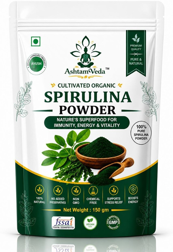 ASHTAMVEDA 100%Spirulina Powder-150g Immunity & Detox | Rich in Iron, Calcium,& Omega 3 6 9(150 g)