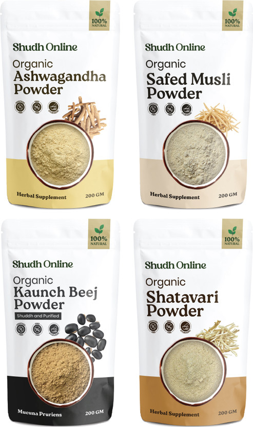 Shudh Online Ashwagandha, Safed White Musli, Kaunch Seed, Shatavari Powder Testesterone Churn(4 x 200 g)