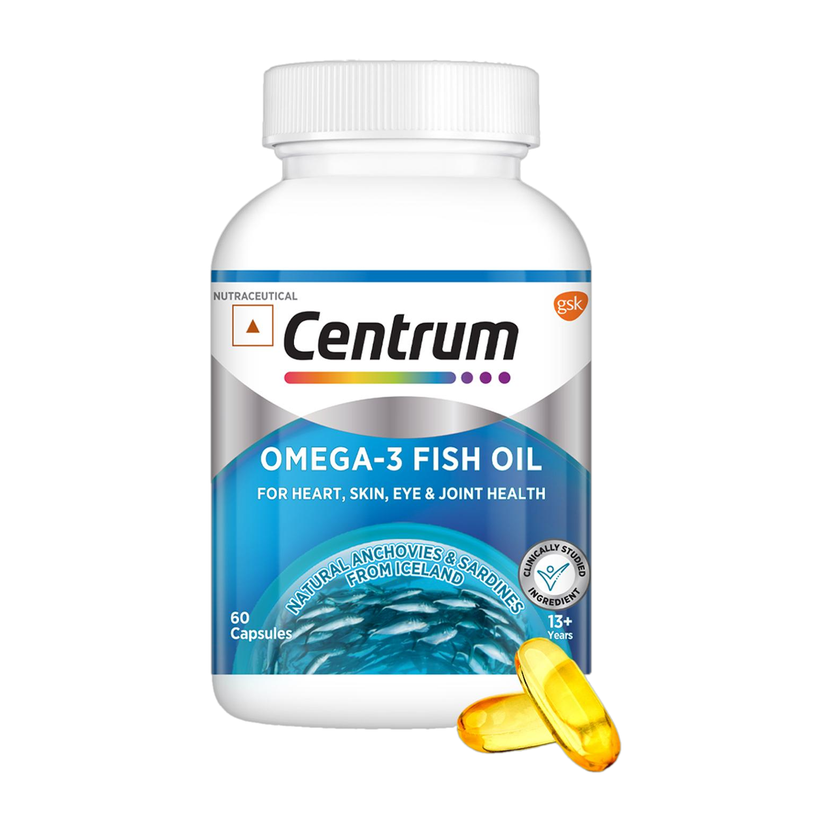 Centrum Omega-3 Fish Oil with EPA & DHA to support Joint,Heart,Skin,Eye & Muscle health(60 Capsules)