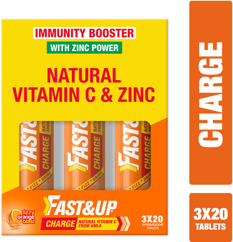 FAST&UP Charge Vitamin C Tablet - 1000mg Natural Amla Extract with 10mg Zinc (Orange)(3 x 20 Tablets)