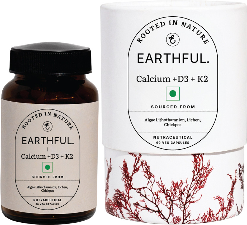 EARTHFUL 100% Plant Based Healthy Bones With Calcium, D3, K2 for Bone Strength & Density(60 Capsules)