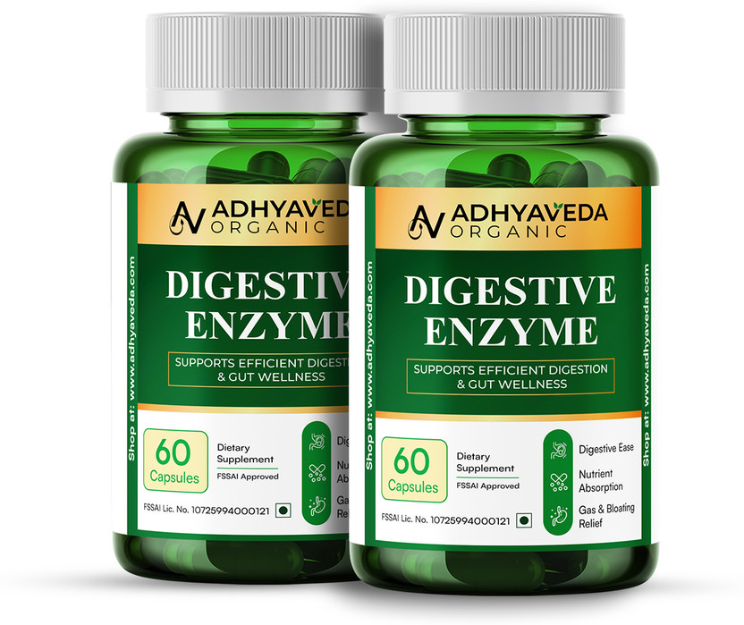 Adhyaveda organic Digestive Enzyme | Gut Health, Bloating & Indigestion Relief | Pack of 2(2 x 60 Capsules)