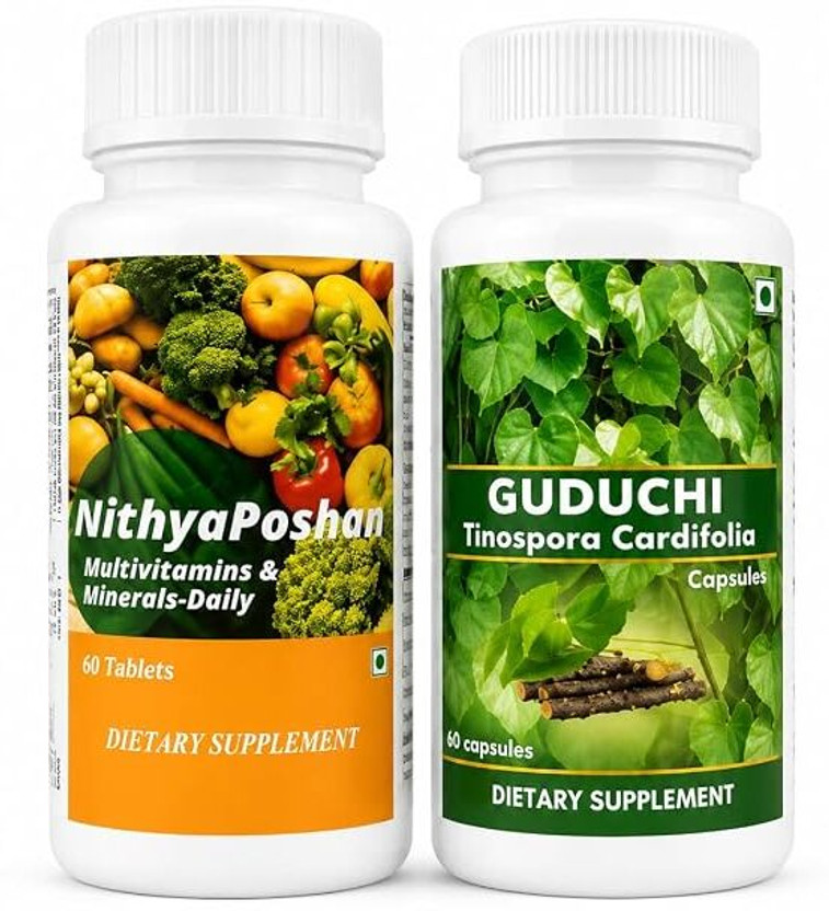 DAC - DIXIT AYURCARE - Wisdom of Ayurveda NithyaPoshan & Mineral Tablets + Guduchi| Herbal Capsules Combo(immunity kit)(2 x 60 Tablets)