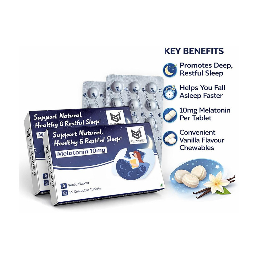 Black Black mirror MELATONIN 10MG for HEALTHY NATURAL & RESTFUL SLEEP SUPPORT chewable tablets(2 x 15 Tablets) - Flipkart Deal