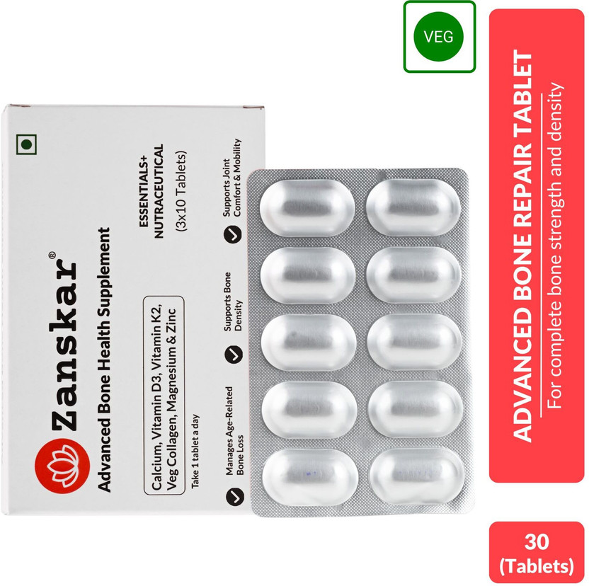 Zanskar Advanced Bone Repair Tablet (1200mg) with Calcium, Vitamin D3 & K2 | 100% Veg(30 Tablets)