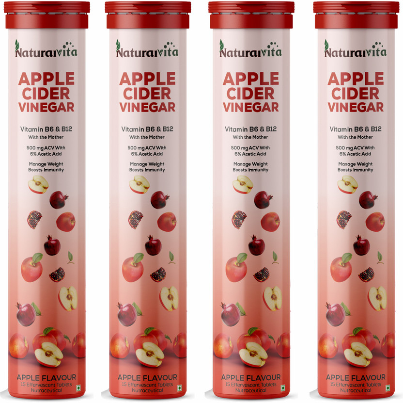 NaturalVita Apple Cider Vinegar Effervescent Tablet for Weight Loss with Mother Vita B6 B12(4 x 15 Tablets)