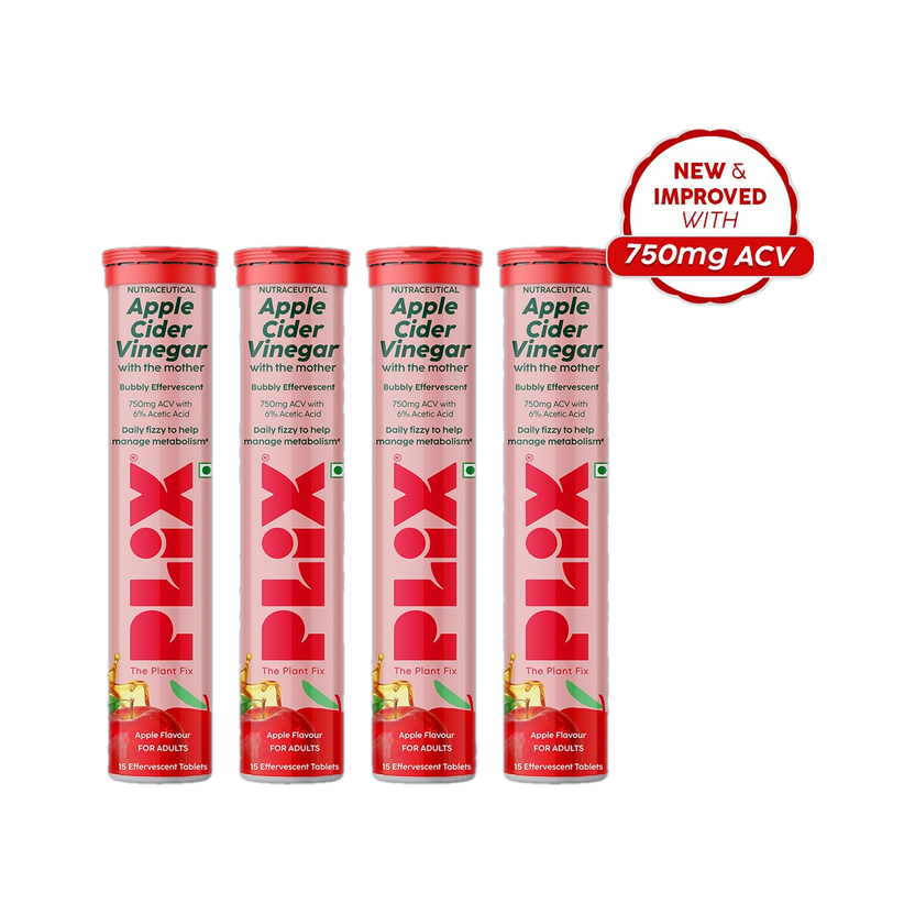 The Plant Fix Plix Apple Cider Vinegar Effervescent Tablet | With Mother | 750mg ACV(4 x 15 Tablets)