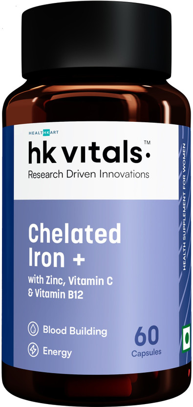 HEALTHKART Chelated Iron + Supplement | With Zinc, Vitamin C & Vitamin B12(60 Capsules)