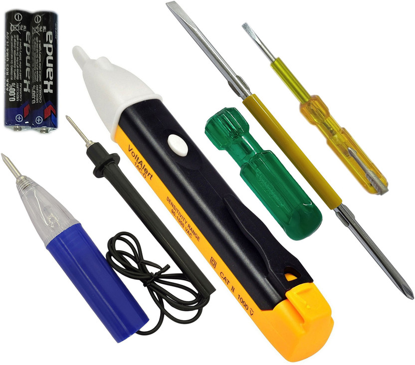 DUMDAAR Heavy Four type Electric Tester 1pc Voltage Alert Volt Alert 1AC-D 90-1000VAC 1pc 2i1 Screwdriver 1pc Continuity wire tester and 1pc 2in1 Electric Tester (Pack of 4) Analog Voltage Tester
